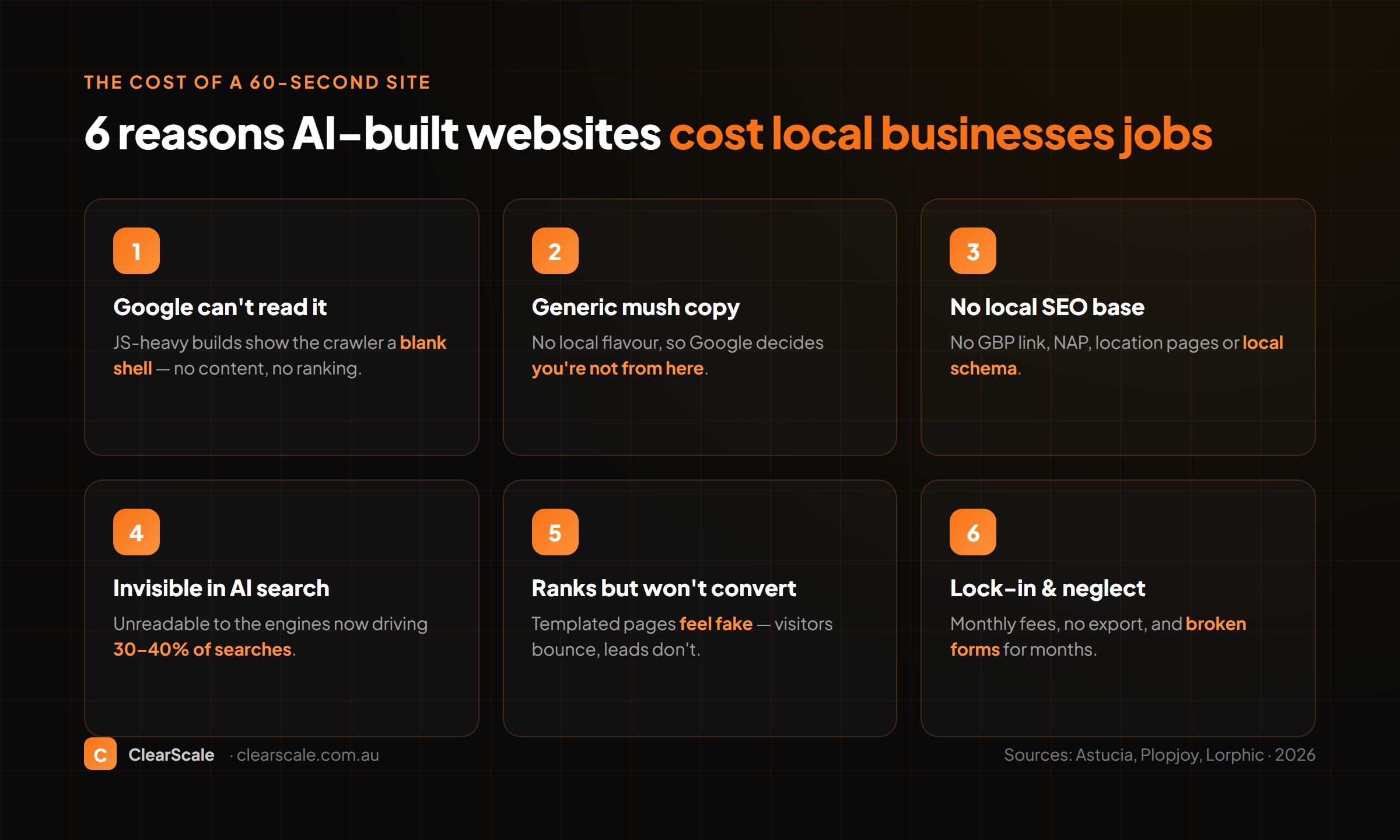 Infographic: 6 reasons AI-built websites cost local businesses jobs — Google can't crawl it, generic copy, no local SEO, invisible in AI search, low conversion, and platform lock-in