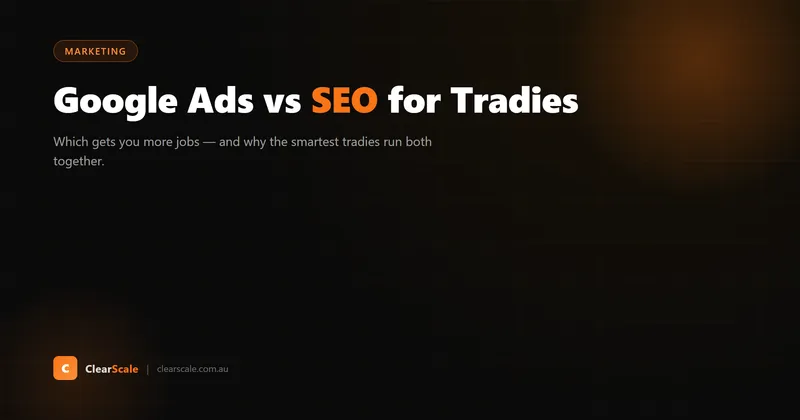Split comparison of Google Ads and SEO icons for tradies with a dollar sign and clock