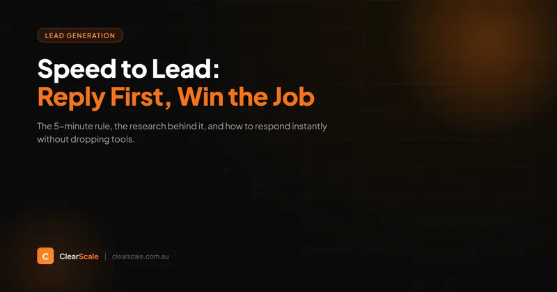 Stopwatch beside a tradie's phone showing a new lead notification, illustrating fast lead response